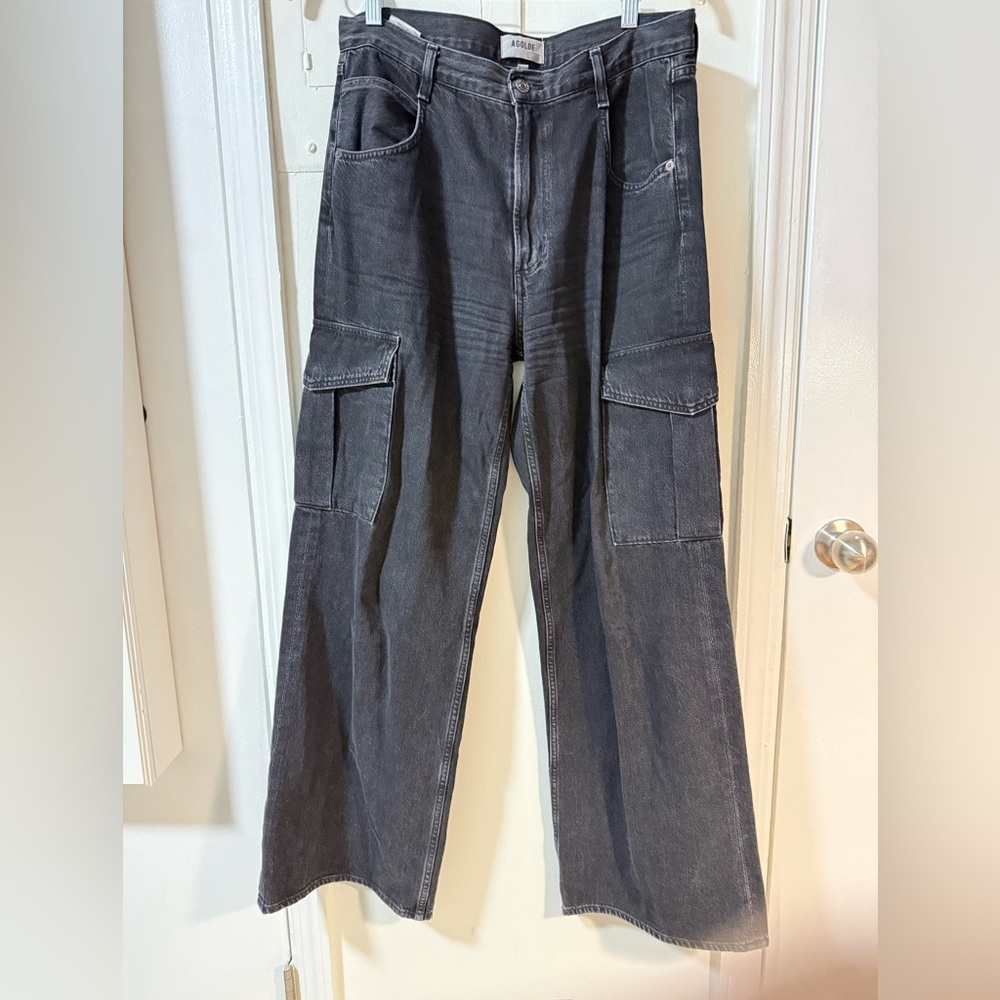AGOLDE  size 29 washed black high rise wide leg cargo denim